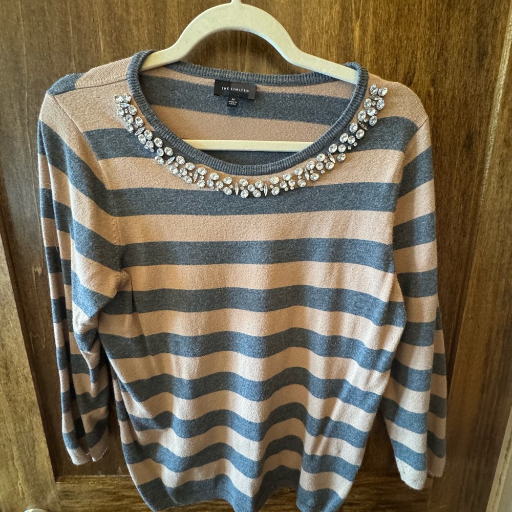 The Limited Gray and Tan Striped Sweater with Embellished Neckline - Picture 6 of 10